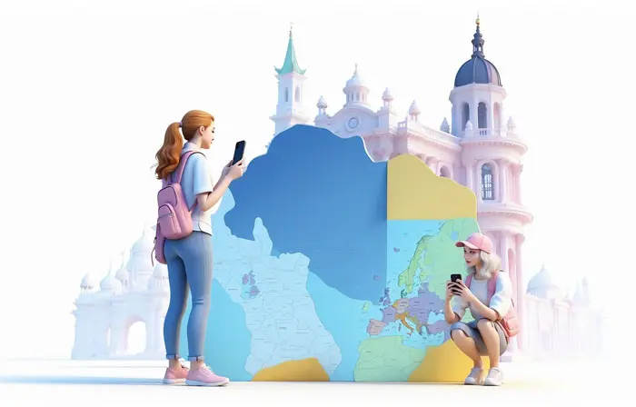 Girls with Mobile Exploring City 3D Design Illustration